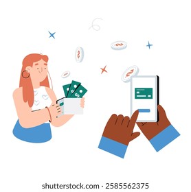 Woman Receiving Online Payment While Using Smartphone In Flat Vector Illustration Symbolizing Mobile Transactions, Digital Banking, And E Wallet Payments, Isolated On White Background.
