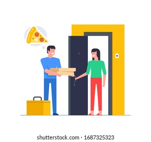 Woman receiving order from courier at door. Pizza delivery service. concept flat design