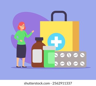 Woman receiving order from online drugstore vector illustration. Female cartoon character and huge package with pills and remedy. Medicine, modern technology concept