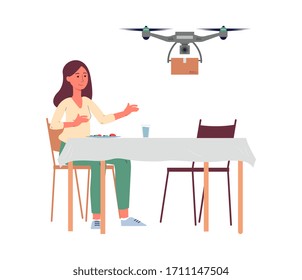Woman receiving package from delivery drone at home behind dining table - shipping service client receiving box from quadcopter. Flat isolated cartoon vector illustration.