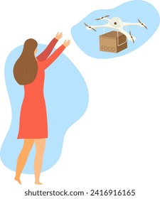 Woman receiving a package from a delivery drone. Female in red dress accepts food box from flying robotic courier. Contactless delivery and modern technology vector illustration.
