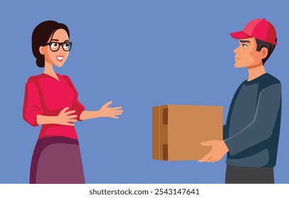 
Woman Receiving a Package from Delivery Man on Time Vector Illustration
Satisfied customer being given online order from a deliveryman 

