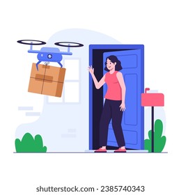 Woman receiving package from drone