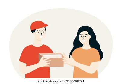 Woman receiving parcel post box from Delivery man. Courier hands giving packages box to client. Online global shopping, express service, shipping concept. Flat cartoon people Vector illustration.