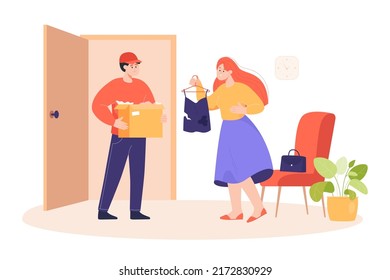 Woman receiving parcel with torn T-shirt flat vector illustration. Courier delivering defective clothes to customers home. Delivery, poor service, frustration concept