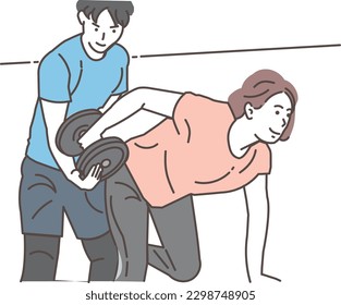 Una mujer que recibe entrenamiento personal mientras recibe asistencia de una bandeja de entrada masculina en el gimnasio
