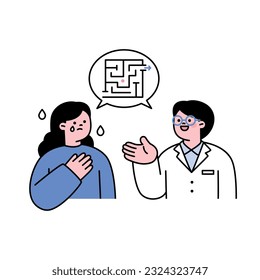 Una mujer está recibiendo una consulta psiquiátrica de un médico. Su mente es como un laberinto. ilustración simple del vector de esquema.