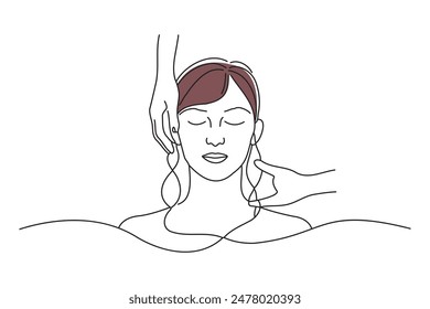 A woman receiving a scalp massage and the hands of the practitioner, doodle continuous line art vector illustration