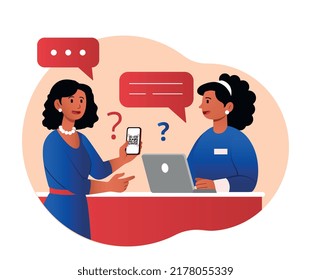 Woman with receprionist. Character in hotel shows QR code. Girl rents room, tourist on vacation. Scanning barcode to pay for services or certificate of vaccination. Cartoon flat vector illustration