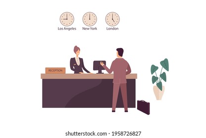 Woman receptionist behind workplace in hotel or bank lobby talking with guest. Interior of modern reception desk in waiting room, hall or corridor in business office on white background.Vector flat
