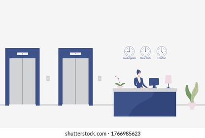 Woman Receptionist In Protective Mask Behind Workplace In Hotel Or Bank Lobby. Interior Of Modern Reception Desk In Waiting Room, Hall Or Corridor With Lifts In Business Office.eps10 Flat Illustration