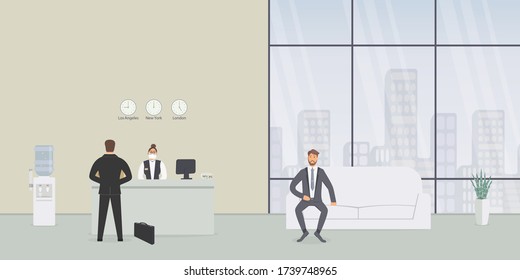 Woman receptionist in protective medical mask behind workplace in hotel or bank serves businessman with briefcase. Interior of reception desk in waiting room or hall in office with customer.eps10