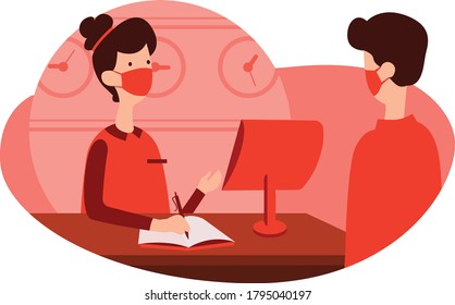 Woman receptionist talking to a customer while using medical mask and keeping their distance