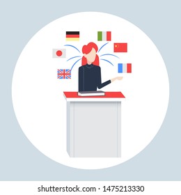 woman receptionist using smartphone mobile dictionary or translator communication people connection concept girl hotel worker at counter desk different languages flags flat portrait