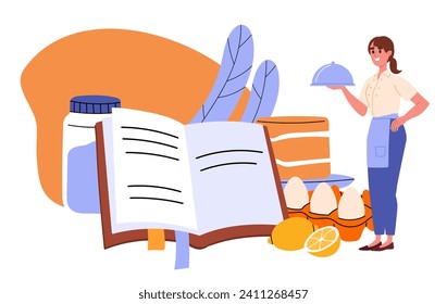 Mujer con concepto de libro de recetas. Niña joven con bandeja cerca de los ingredientes. Huevos y limón. El personaje prepara sabrosos platos y comida. Dibujo vectorial plano de dibujos animados aislado en fondo blanco