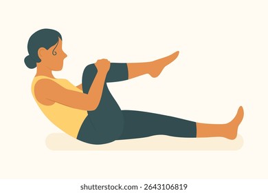 Woman in reclined knee hold position activating abs and hip flexors, combining pilates and yoga for strength and control