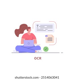 Mujer que reconoce el texto del documento con el teléfono y la ayuda. Usuario escaneando archivo de texto. Concepto de reconocimiento de archivos de texto, OCR, reconocimiento óptico de caracteres. Ilustración vectorial en diseño plano para Anuncio de Web