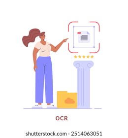 Mujer que reconoce el texto del documento con el teléfono y la ayuda. Usuario escaneando archivo de texto. Concepto de reconocimiento de archivos de texto, OCR, reconocimiento óptico de caracteres. Ilustración vectorial en diseño plano para Anuncio de Web