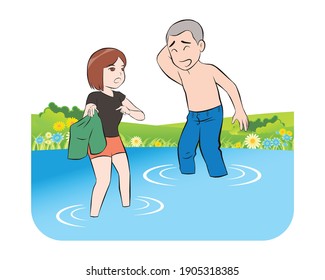 Woman recommend a man to wear short pants. safety to swim. vector illustration isolated cartoon hand drawn