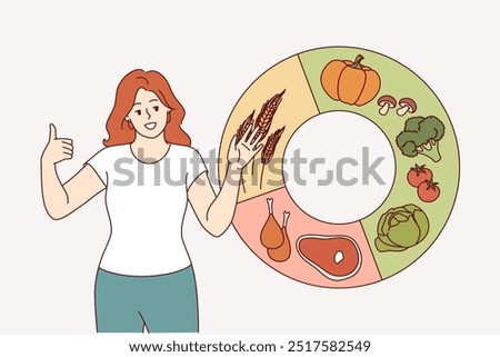 Woman recommends balanced diet and proper ration, standing near diagram of meat or vegetables with spikelets. Girl nutritionist prepares correct diet to combat excess weight and improve immunity.