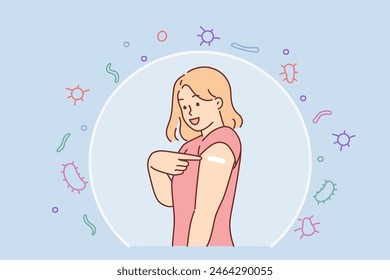Woman recommends vaccination to improve immunity, stands in invisible cocoon that protects against viruses. Girl promotes idea of compulsory vaccination by pointing to injection mark on arm
