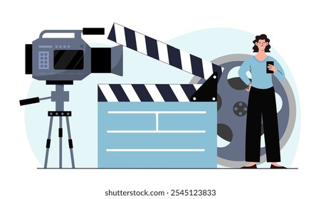 Woman record movie. Young girl near directors clapper board, directors chair and film tape. Entertainment and leisure, fun. Flat vector illustration isolated on white background