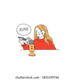 Woman recording ASMR sounds using a brush. Blogger or influencer recording new content for social media. Autonomous sensory meridian response vector illustration in a hand drawn style