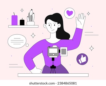 Mujer grabando el nuevo concepto de línea de video. Muchacha parada cerca de la cámara. Bloguero y personalidad popular crean contenido para las redes sociales. Ilustración lineal vectorial aislada en fondo beige