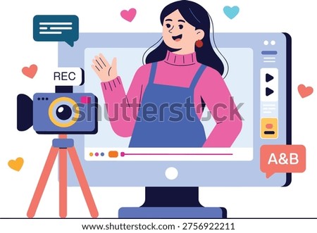 Woman recording on computer with camera, Social media content creator.