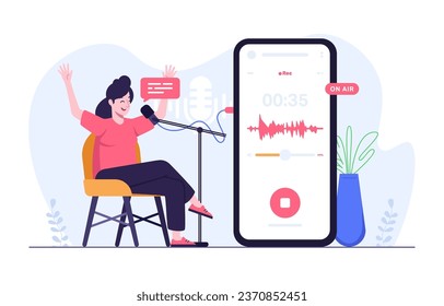 Woman recording podcast audio via mobile