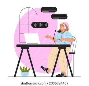 Woman recording podcast concept. Young girl with microphone sitting near laptop. Production of broadcast and audio files, interesting content. Cartoon flat vector illustration