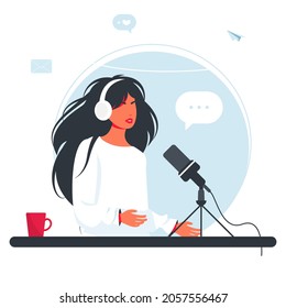 The woman is recording a podcast. Girl in headphones talking into a microphone. The radio DJ is broadcasting online. Joyful person radio host interviewing guest, mass media broadcasting. Vector