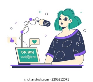 Woman recording podcast, interview or talk show record. Broadcast radio talk show, podcast audio record flat vector symbol illustration. Radio host characters