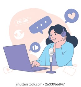 Woman Recording Podcast at Laptop Vector Illustration