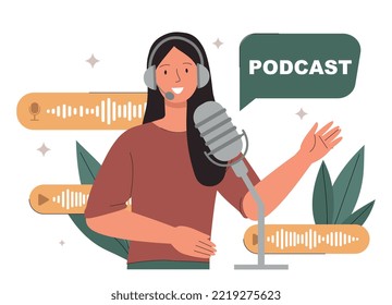 Podcast de grabación de mujeres. La joven con micrófono crea contenido interesante y archivos de audio. Presentador de radio. Afiche o cartel para el sitio web. Personalidad popular. Dibujo vectorial plano de dibujos animados