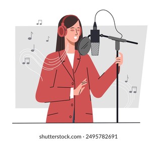 Mujer grabando en el estudio. Una chica joven canta en el micrófono. Cantante Populares grabando nueva canción. Creatividad y arte. Interpretación vocalista. Ilustración vectorial plana aislada sobre fondo blanco