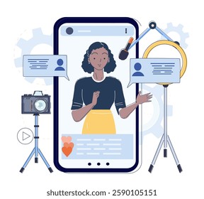 Woman recording video on smartphone, flat style, white background. Concept of social media, vlogging, live streaming. Vector illustration