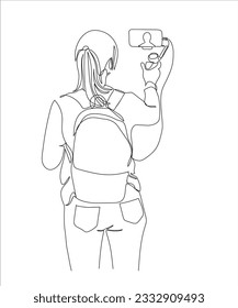 Woman recording video selfie with phone and stibilizer. Wearing backpack. Back view. Vector illustration in line art style.