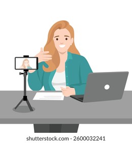 Woman is recording a video using a smartphone mounted on a tripod with a laptop and notes. Flat vector illustration isolated on white background