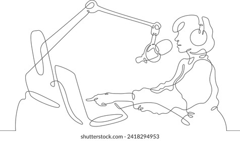 A woman records a podcast. A woman reads a text into a microphone. A girl works on a laptop. One continuous line drawing. Linear. Hand drawn, white background. One line