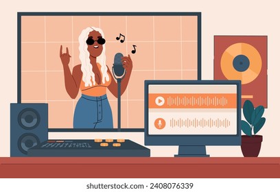 Woman records song. Young girl sing in microphone at music studio. Production of audio files, recording broadcasts and podcasts. Talented artist perform. Cartoon flat vector illustration