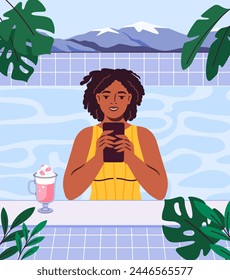 Woman recreate in swimming pool. Young girl in yellow swimsuit swiming with smartphone. Dessert and delicacy. Ice cream with marshmallow. Holiday and vacation. Cartoon flat vector illustration