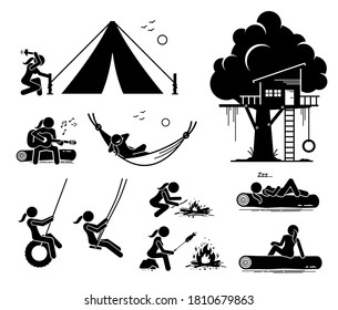 Woman recreational pursuit at outdoor stick figure icons. Vector artwork of a woman making a campsite, tent, fire, sitting on a log, resting on hammock, and having fun by the tree house.