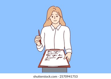 Woman recruiter offers to sign job offer, holding out clipboard and pen to screen. Female corporate manager demonstrates job offer or readiness to reach agreement with company partners.