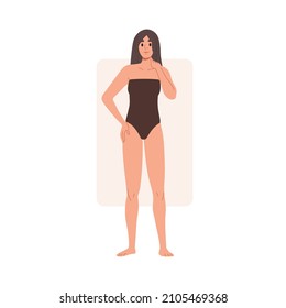 Woman with rectangle body shape. Female in swimwear with angled straight proportions, rectangular figure type. Slim slender model standing. Flat vector illustration isolated on white background