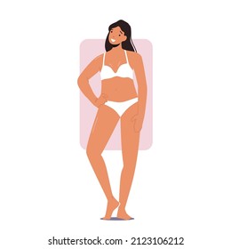 Woman with Rectangle Body Shape Rejoice with Arm Akimbo, Female Character with Rectangular Figure Types, Girl Posing in Bikini Isolated on White Background. Cartoon People Vector Illustration