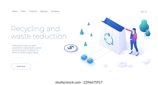 Woman with recyclable paper bag concept in isometric vector illustration. Green economy or sustainable eco friendly clothing. Web banner layout template