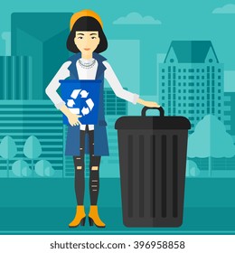 Woman with recycle bins.