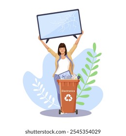 Mulher reciclando eletrônicos quebrados com entusiasmo. Ilustração vetorial