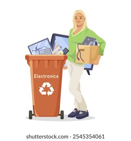 Mulher reciclando eletrônicos com uma lixeira cheia de aparelhos. Ilustração vetorial